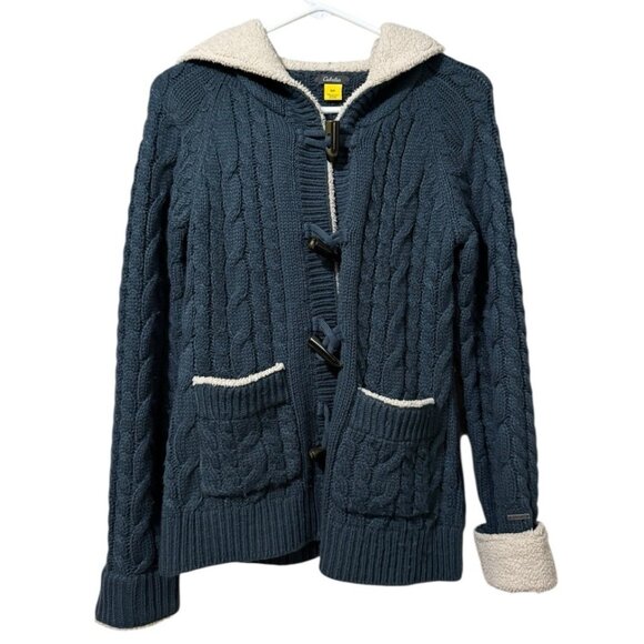 Cabelas Women's Knit Button Cardigan Sweater Jacket Teal Blue Size S Sherpa Hood - Picture 1 of 14